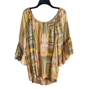 Cato Plus Size 22/24W Women's Yellow Paisley Print‎ Smocked Blouse Tunic New
